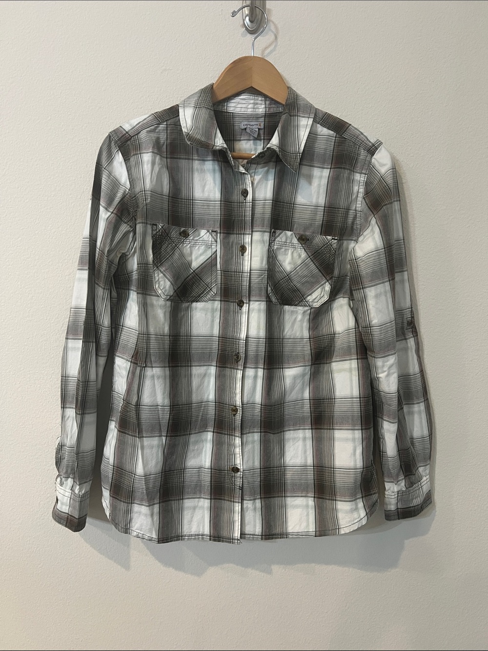 Carhartt Womens M 8/10 Plaid Button Down Shirt Roll Tab Sleeve Workwear Utility